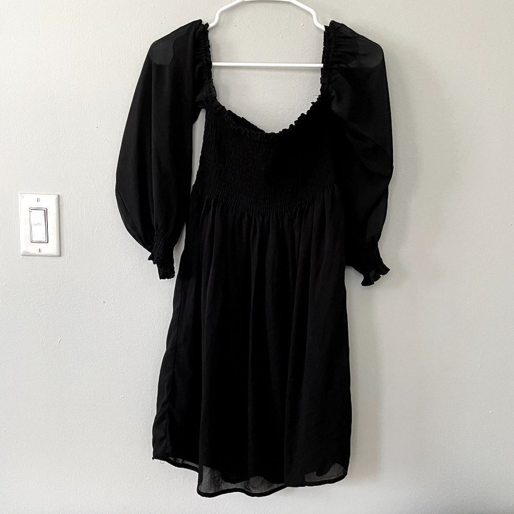 Rebellion black knee length shirred dress off the shoulder sleeves women size M